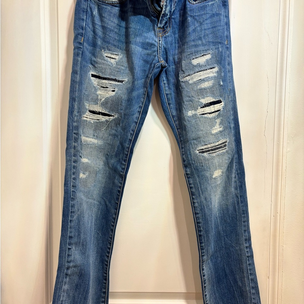 Classic Blue Straight Jeans with Distressed Details